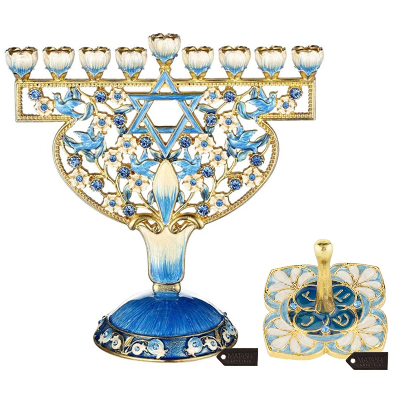 Matashi Hand Painted Enamel Menorah Candelabra W Doves And Flowers Design And Floral Spinning Dreidel Holiday Ornaments